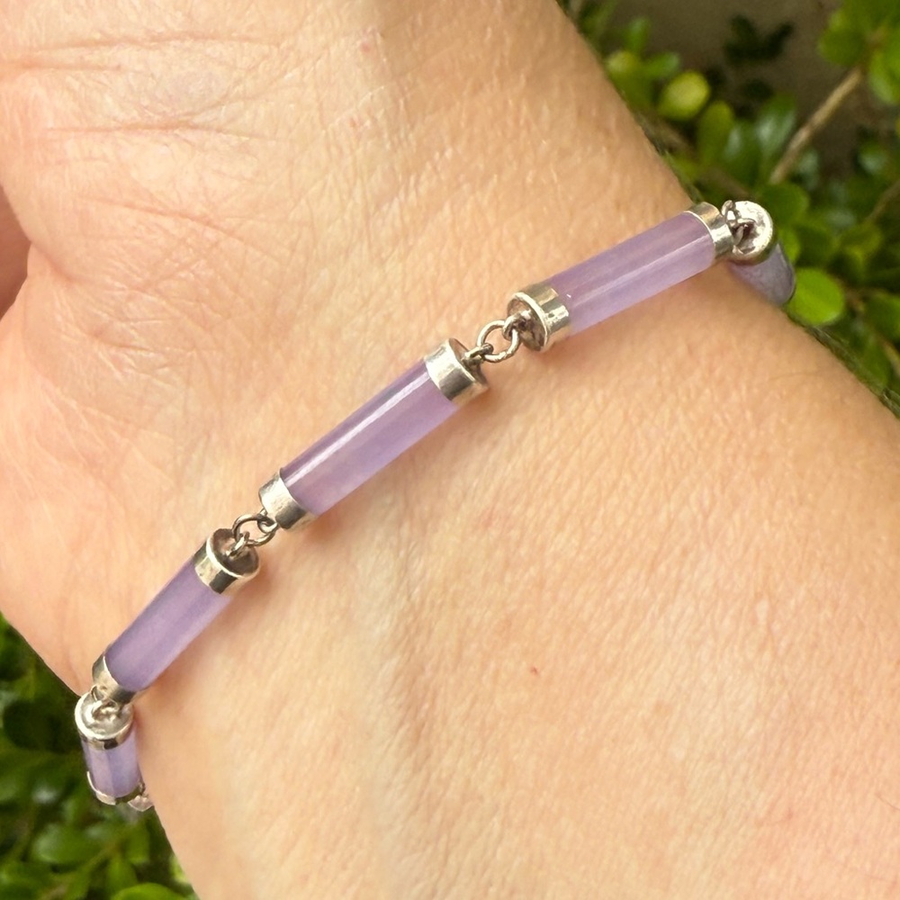 Solid Sterling Silver Lavender Jade Bangle Bracel… - image 2
